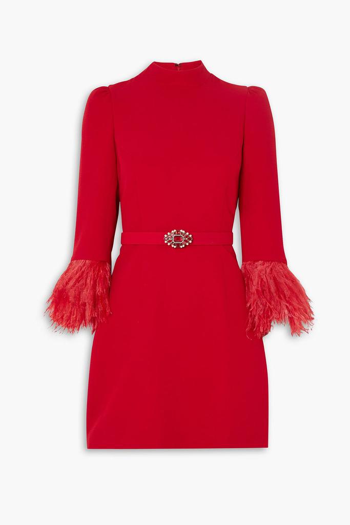 Andrew Gn Belted crystal-embellished feather-trimmed crepe mini dress