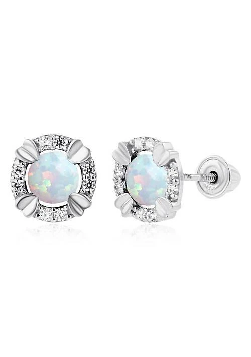 LULEA Lab Created Sterling Silver Rhodium 4mm Round Created Opal
1mm Created White Sapphire Halo Screwback Earrings