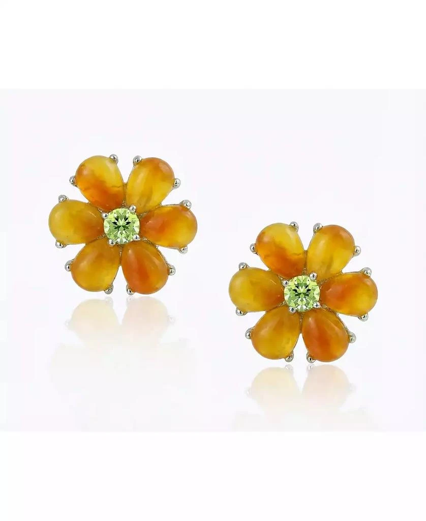 Bling Jewelry Floral CZ Center   Jade Flower Stud Earrings Gold Plated .925 Sterling Silver 4