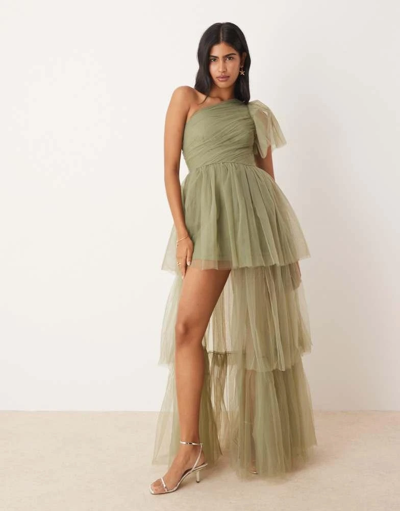 lace and beads one shoulder tulle dress Lace & Beads Bridesmaid one shoulder tulle maxi dress in soft olive