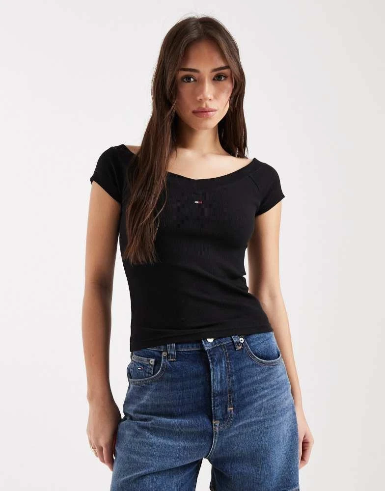 Tommy Hilfiger Tommy Jeans rib off shoulder top in black