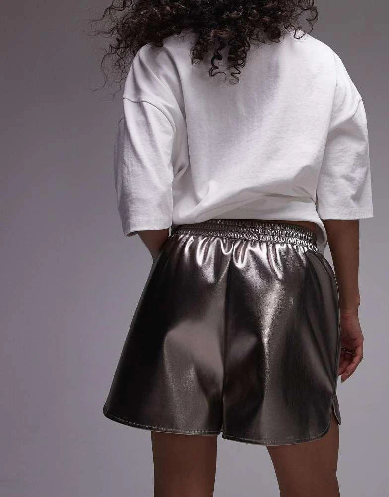 Topshop Topshop faux leather runner short in gunmetal 5