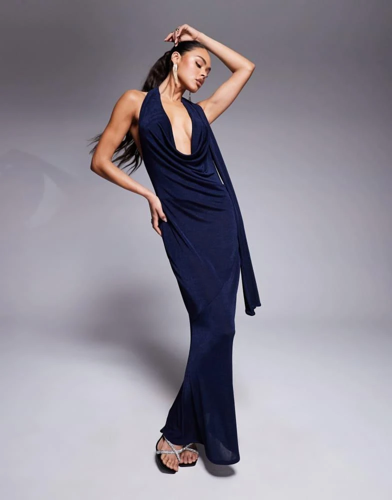 chinese dress ladies Nyna Cowl Neck Maxi Dress Blue Jacquard