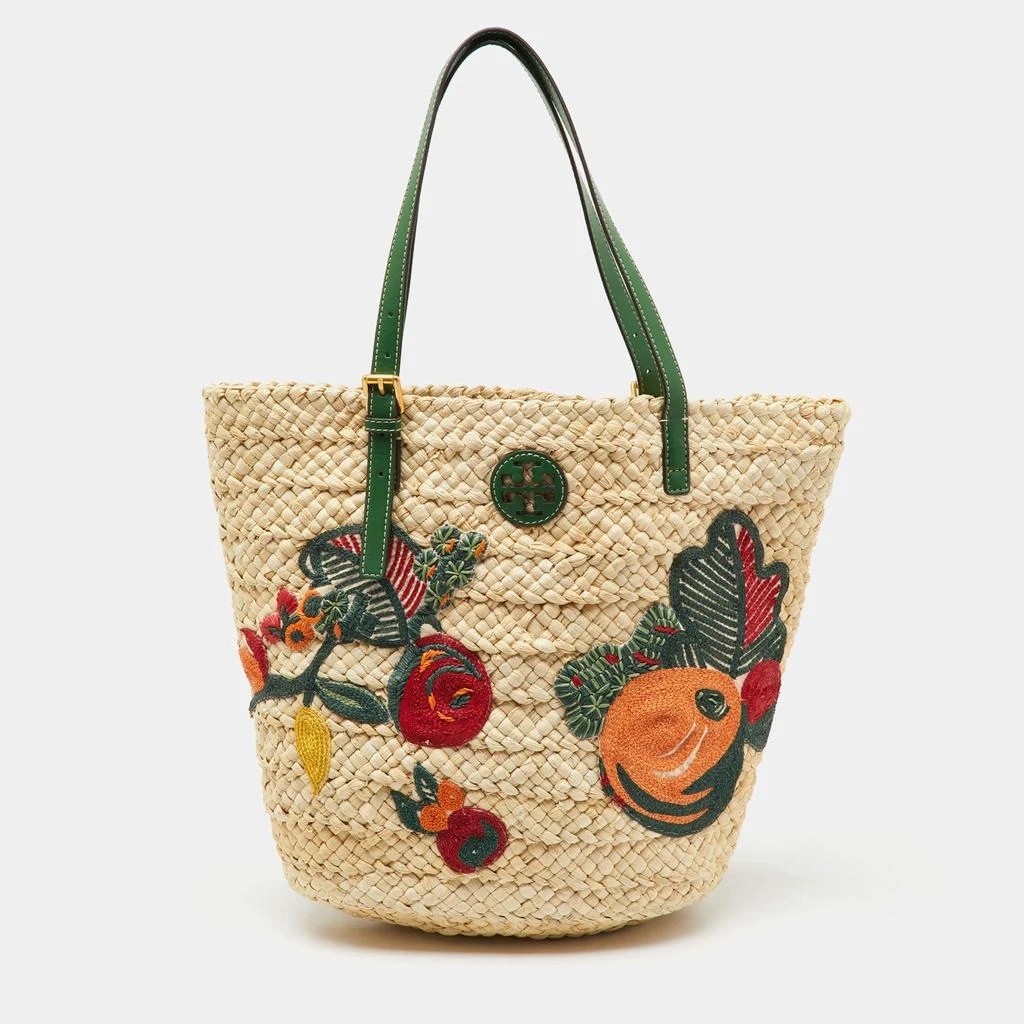 Tory Burch Tory Burch Beige/Green Woven Straw and Leather Embroidered Fruit Emerson Tote 1