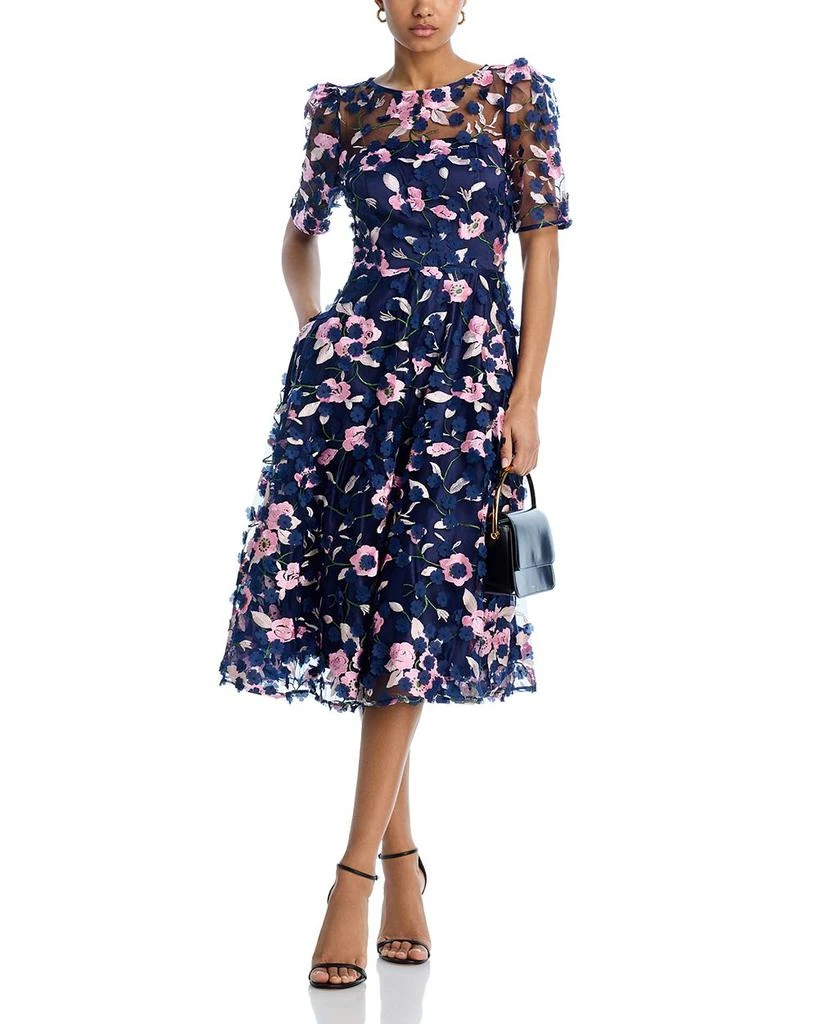 Eliza J Three Quarter Sleeve Illusion Yoke Dress - Navy Multi - 6 Eliza J Three Quarter Sleeve Illusion Yoke Dress - Navy Multi - 6