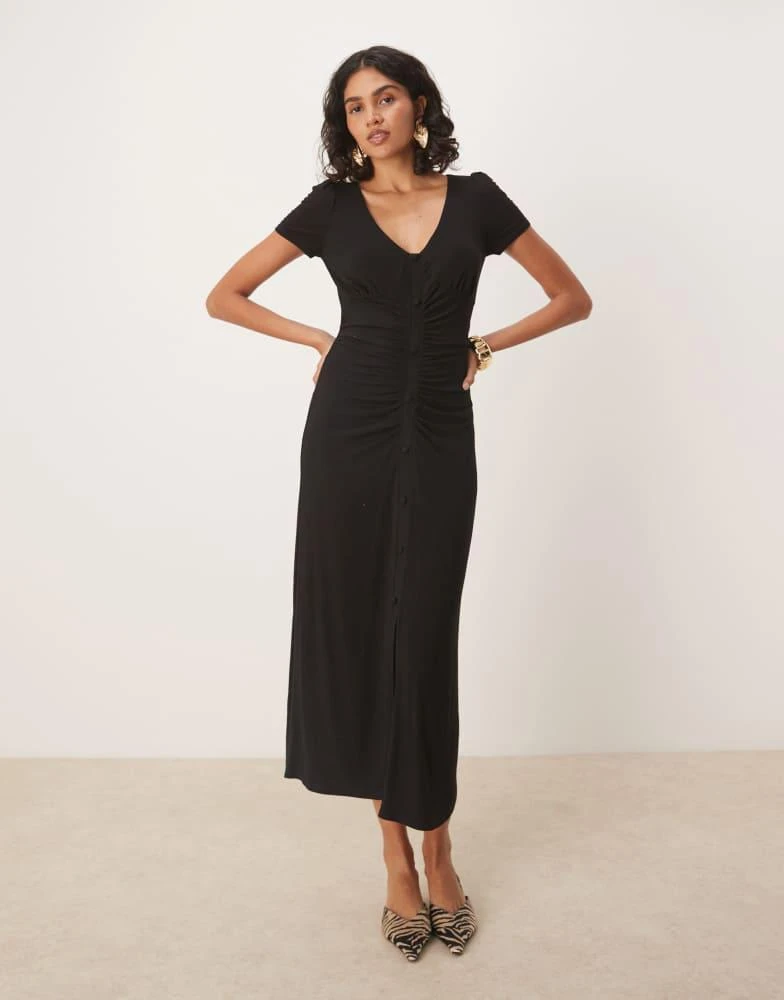ASOS DESIGN V neck button ruched front midi tea dress in black  On Sale  Now with Up to 65% Off | Discover Exclusive Deals & Savings at BeyondStyle   Authentic ASOS
