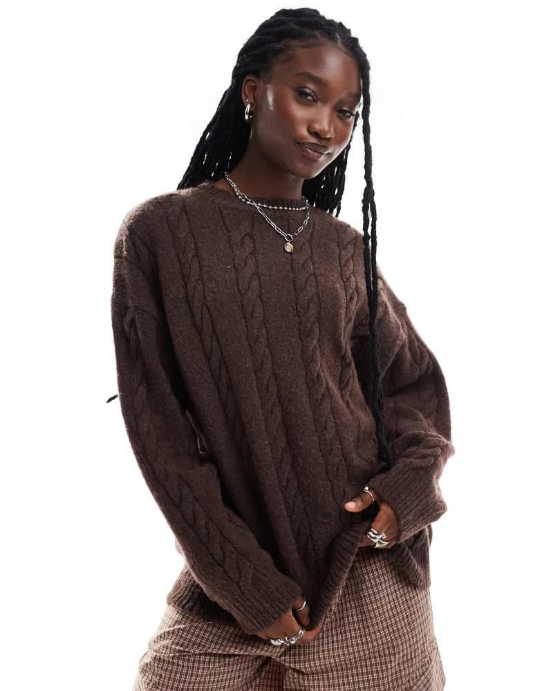 COLLUSION COLLUSION oversized crew neck cable knit jumper in brown 1