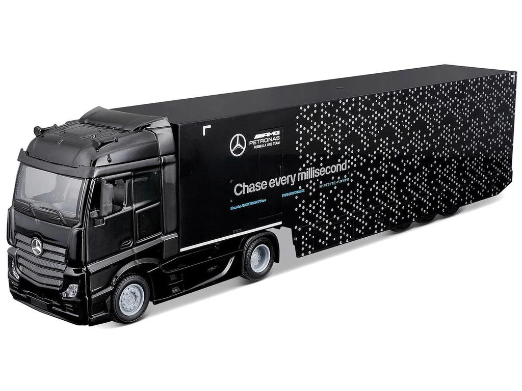 Bburago Mercedes-Benz Actros Gigaspace Car Transporter Black with Mercedes-AMG F1 W15 #63 Russell 2024 1/43 Diecast by 2