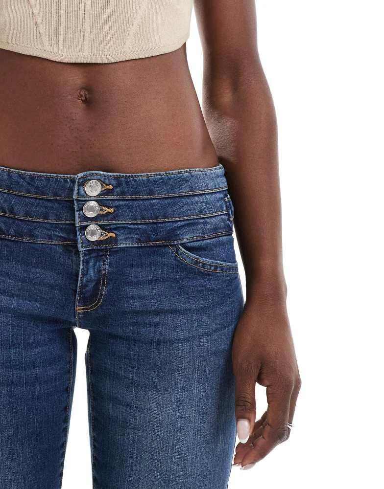 Bershka Bershka low rise triple waistband bootcut jeans in dark blue wash 5