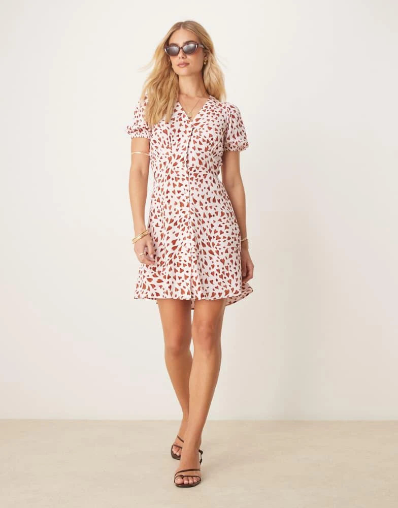 & Other Stories & Other Stories button through mini dress in red and pink hearts print 1