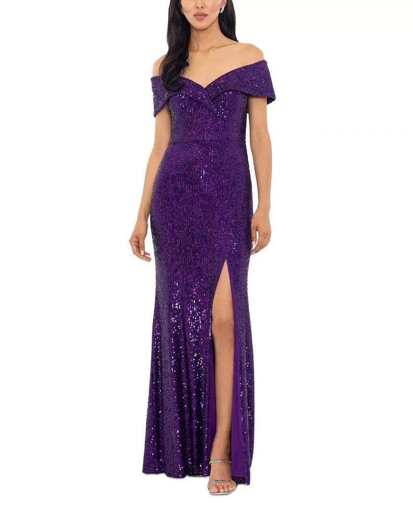 open lace back dress Xscape Petite One-Shoulder Applique Ball Gown - Blue Gold