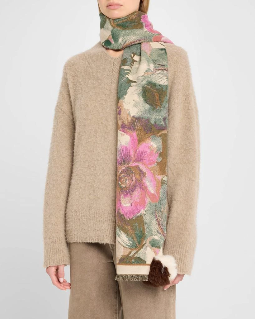 La Fiorentina Floral-Print Scarf W/ Faux Fur Poms 3