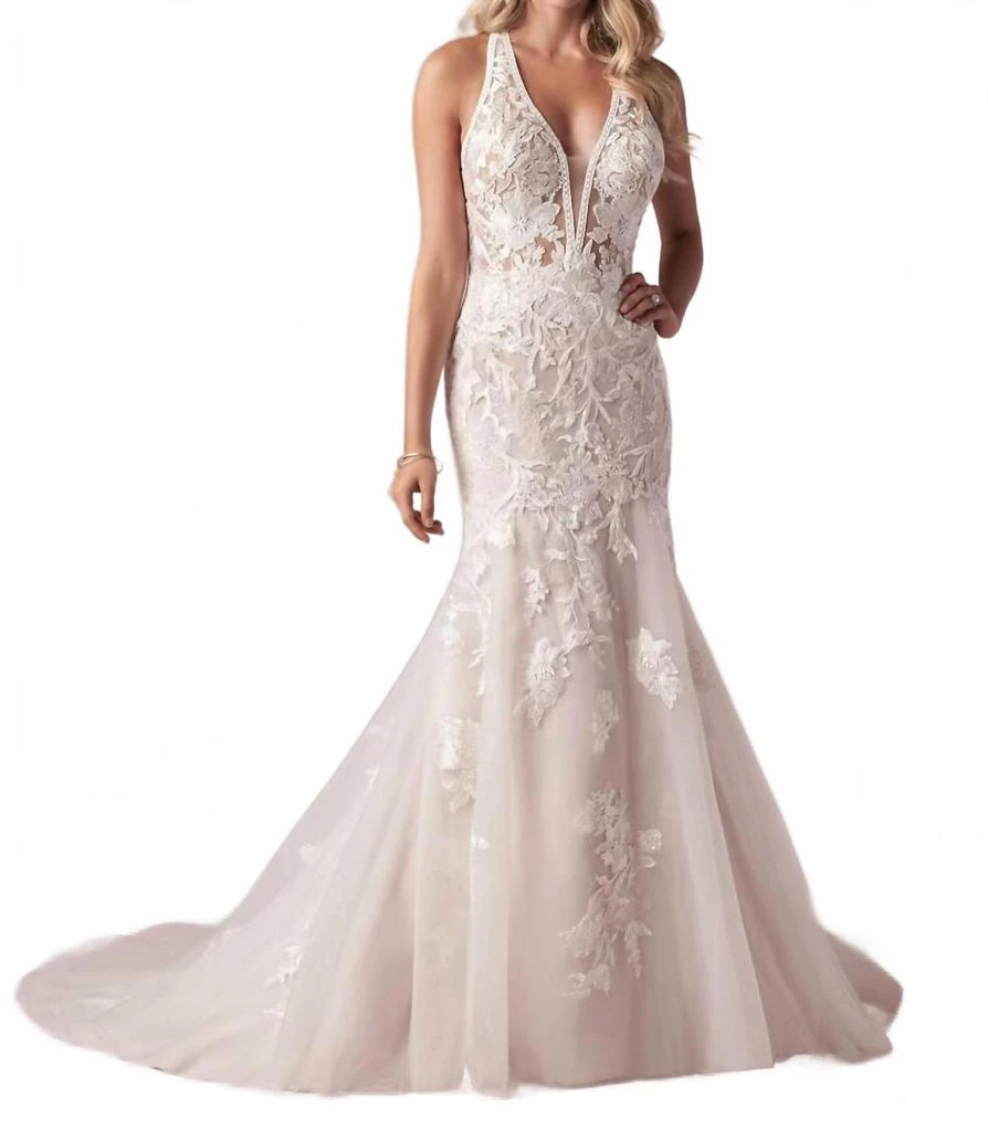 Rebecca Ingram Elizabetta Deep Illusion V-Neckline Gown In Ivory Over Misty Mauve