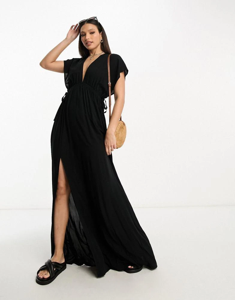 ASOS ASOS DESIGN Tall flutter sleeve maxi beach dress with channelled tie waist in black 4