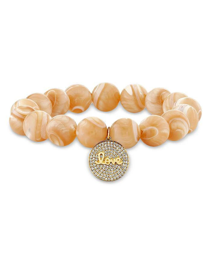 Sydney Evan 14K Yellow Gold Tan Mother of Pearl Bead 
Diamond Pavé Love Script Disc Dangle Stretch Bracelet