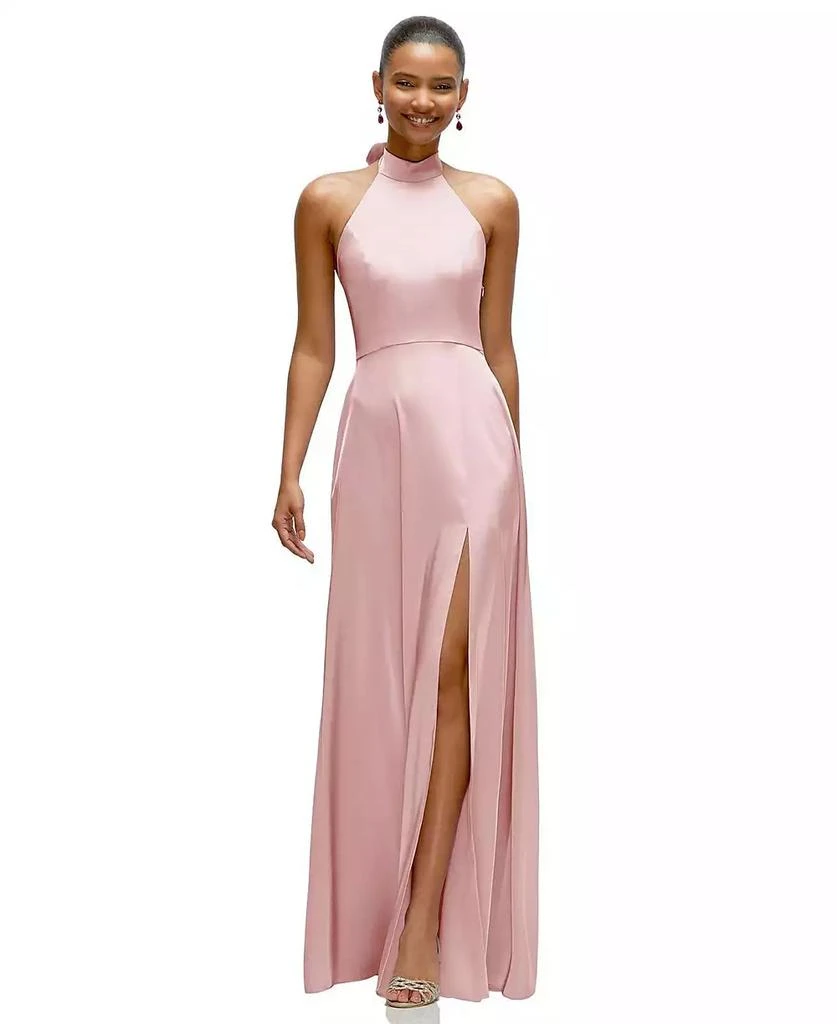 After Six Women's Band Collar Halter Open Back Fluid Satin Maxi Dress with Self-Tie Bow - Cloudy