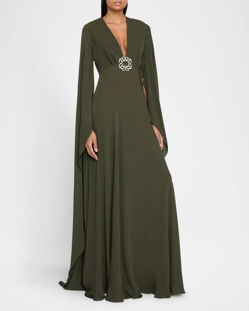 Elie Saab Plunging Crystal Cape-Sleeve Silk Gown 2