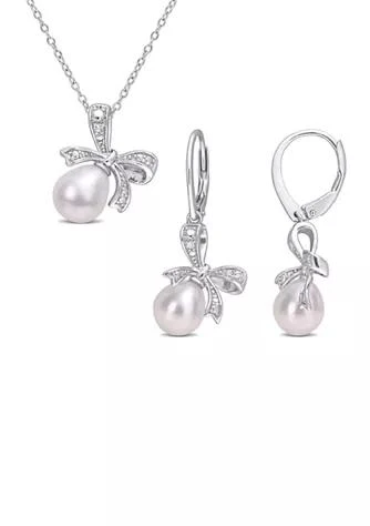 Belk 
Co. 7.5-8 and 8.5-9MM Cultured Freshwater Pearl and Diamond Accent Bow Leverback Earrings and Pendant with Chain in Sterling Silver