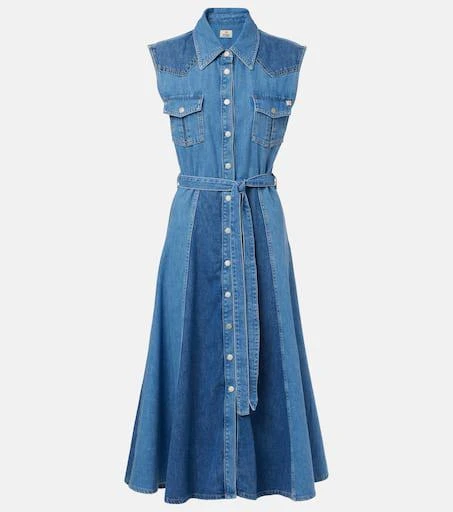 AG Jeans Belted paneled denim midi dress 1