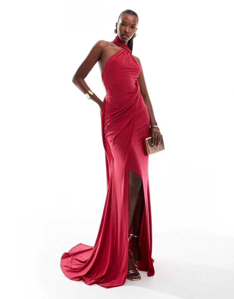 ASOS ASOS DESIGN one shoulder draped maxi dress with tie detail in raspberry 1