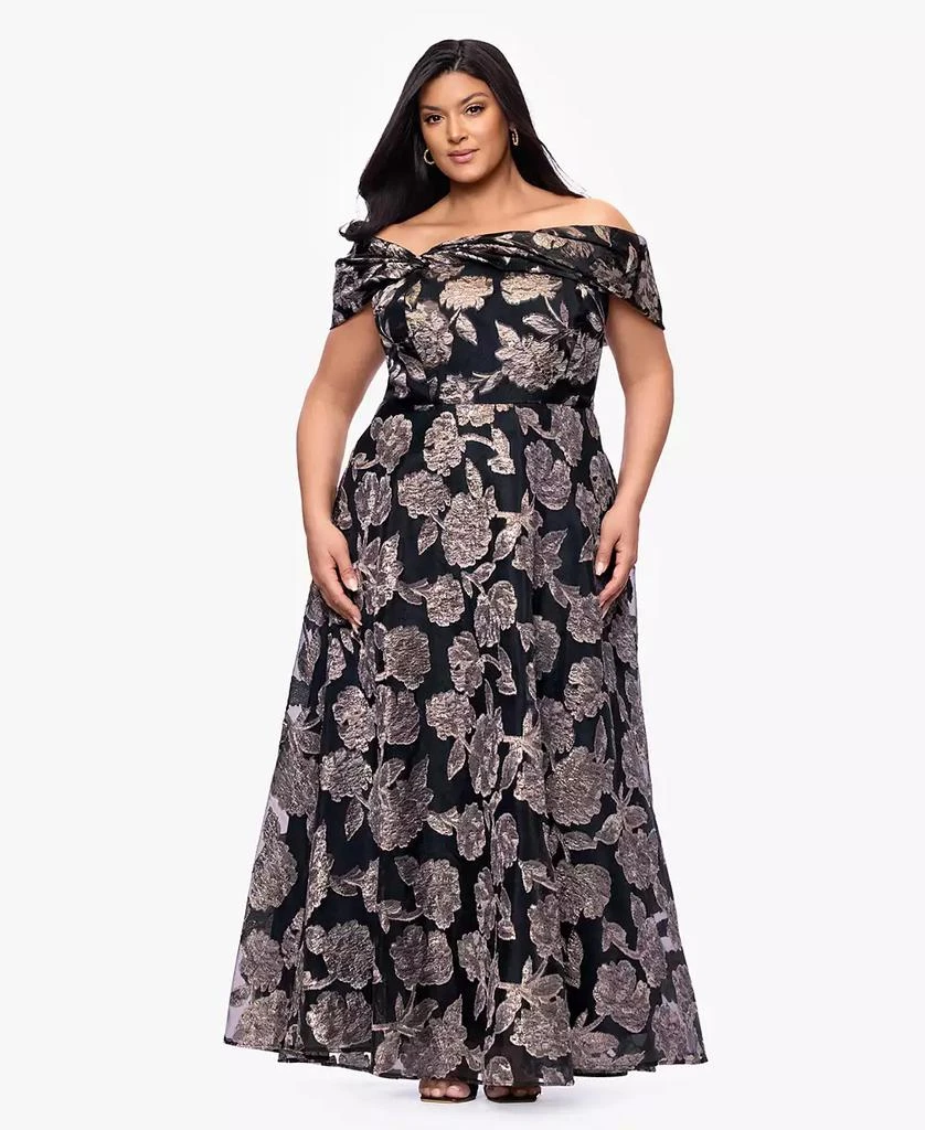Betsy & Adam Plus Size Printed Off-The-Shoulder Ball Gown