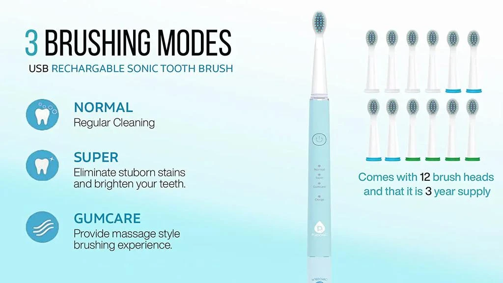 PURSONIC Pursonic Whitening USB Rechargeable Sonic Toothbrush-12 Brush Heads 4