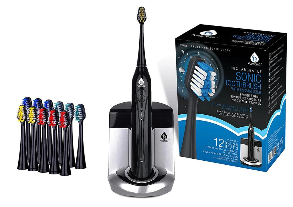 PURSONIC Deluxe Plus Sonic Rechargeable Toothbrush with built in UV sanitizer and bonus 12 brush heads included, Black 1