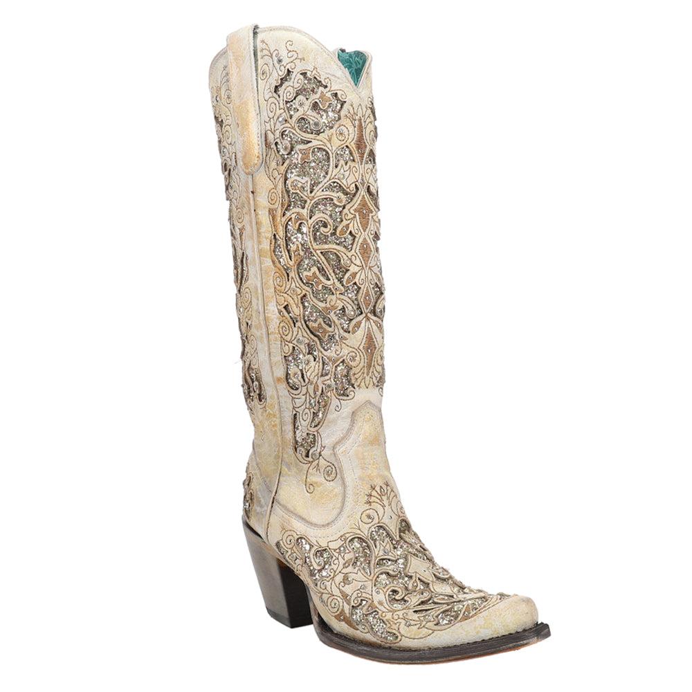 Corral Boots Distressed Glitter Tooled-Inlay Snip Toe Cowboy Boots