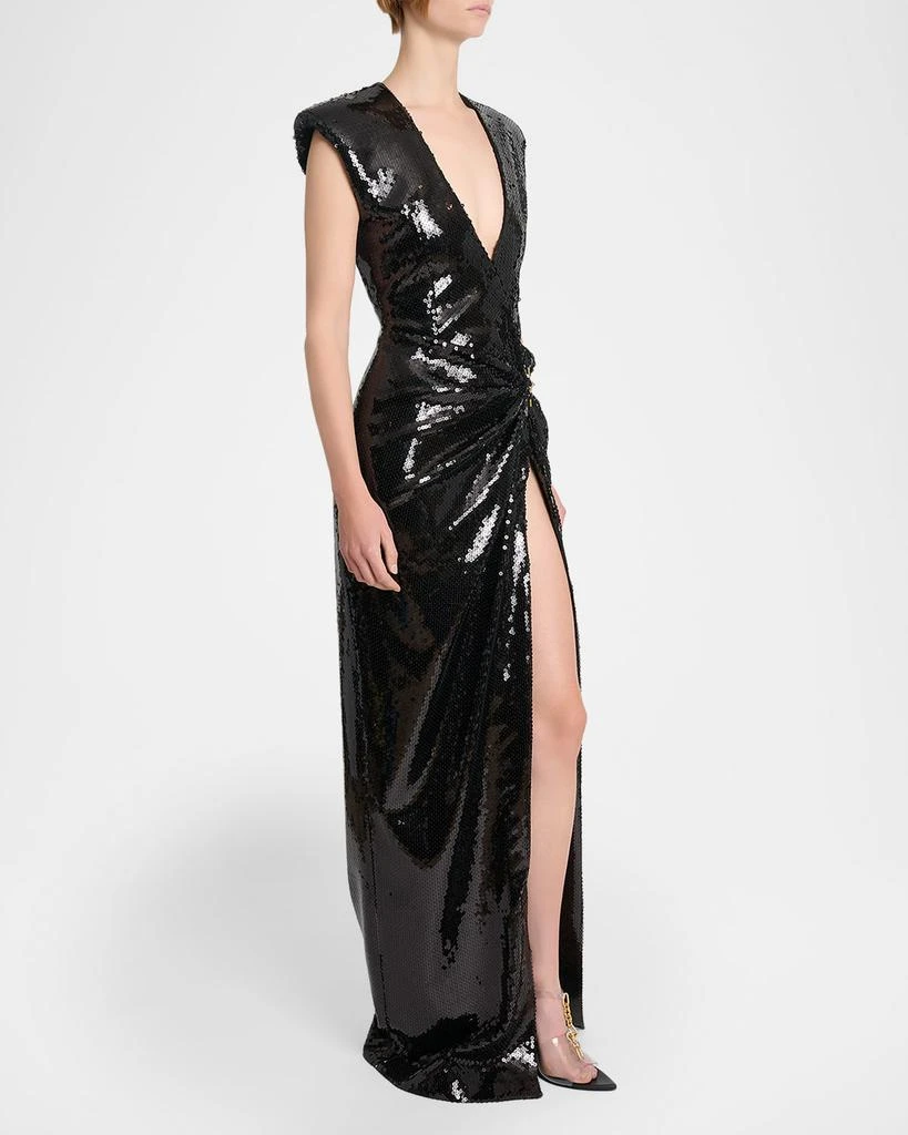 Balmain Plunging Sequined Chain Draped Wrap Gown 4