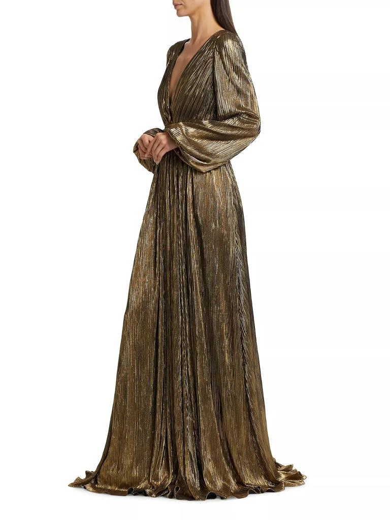 Badgley Mischka Metallic Pleated Georgette Long-Sleeve Gown 4