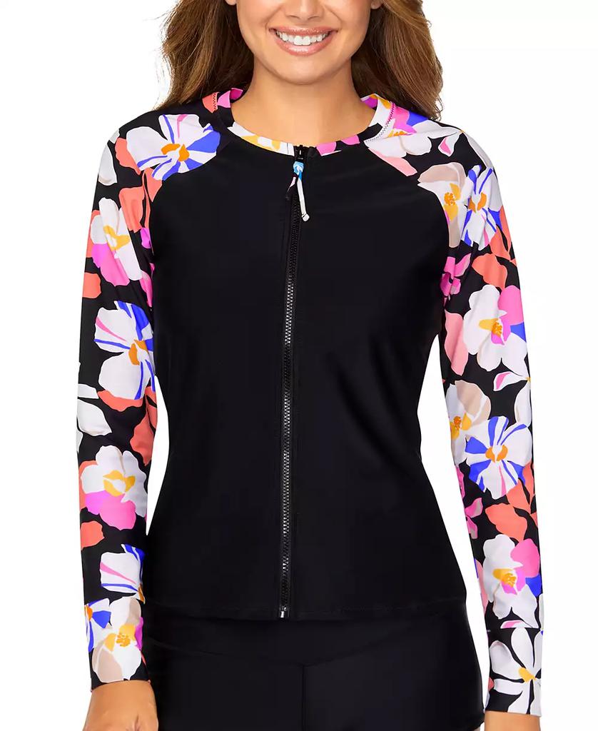 RAISINS Juniors' Front Zip Printed-Sleeve Rashguard