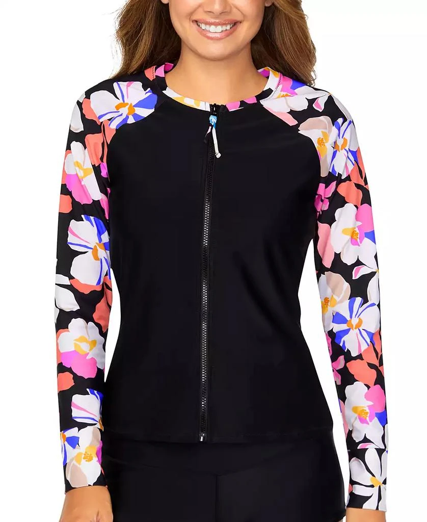 RAISINS Juniors' Front Zip Printed-Sleeve Rashguard 1