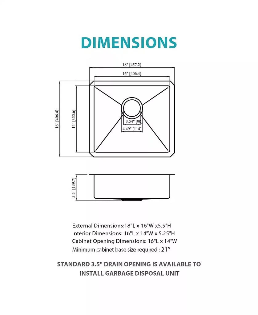 Flynama 18x16x5.5inch ADA Compliant Kitchen Sink Undermount Stainless Steel Single Bowl 16 Gauge 3
