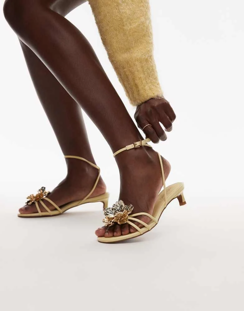 Topshop Topshop Inaya kitten heel strappy sandal with gold flower in yellow 1