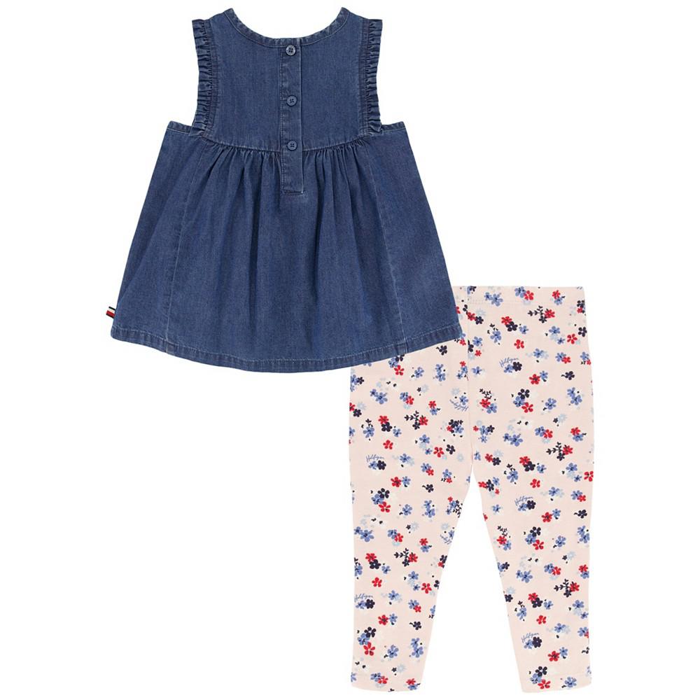 Tommy Hilfiger Little Girls Sleeveless Denim Tunic Top and Floral Capri Leggings, 2 Piece Set