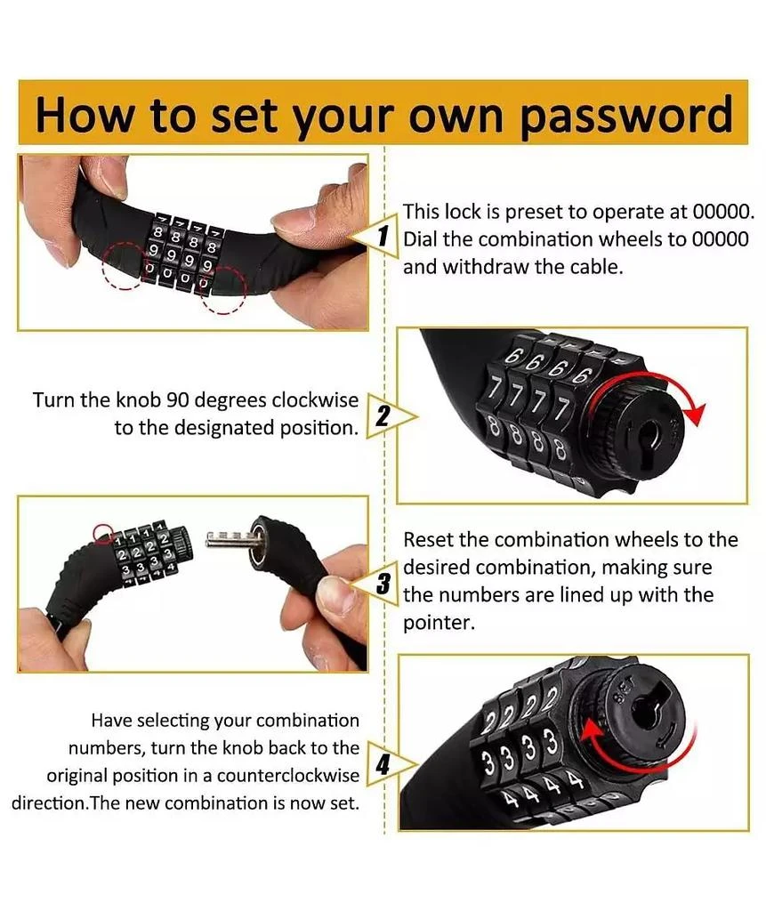BATFOX Bike Lock with 4-Digit Adjustable Combination Cable , 2Ft x 1/2 Inch 7