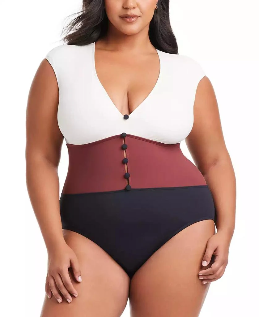 Bleu Rod Beattie Plus Size Colorblocked Button-Down Cap-Sleeve One-Piece Swimsuit 1