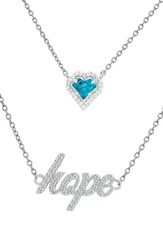 Forever New featuring Swarovski Zirconia Aqua Blue Cubic Zirconia Heart and "Hope" Layered Necklace in Sterling Silver