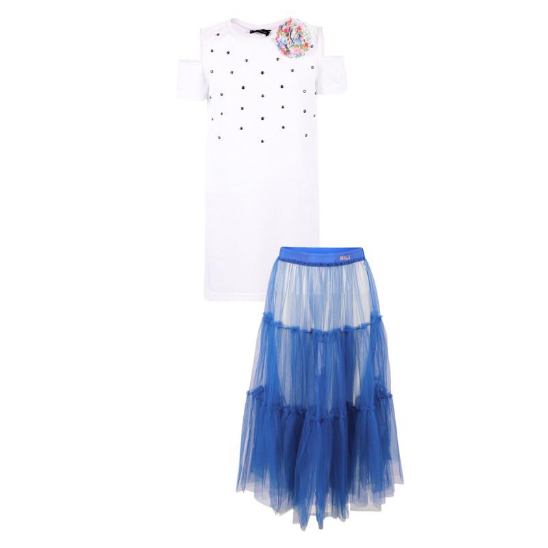 Monnalisa Studded top and long tulle skirt set in white and blue