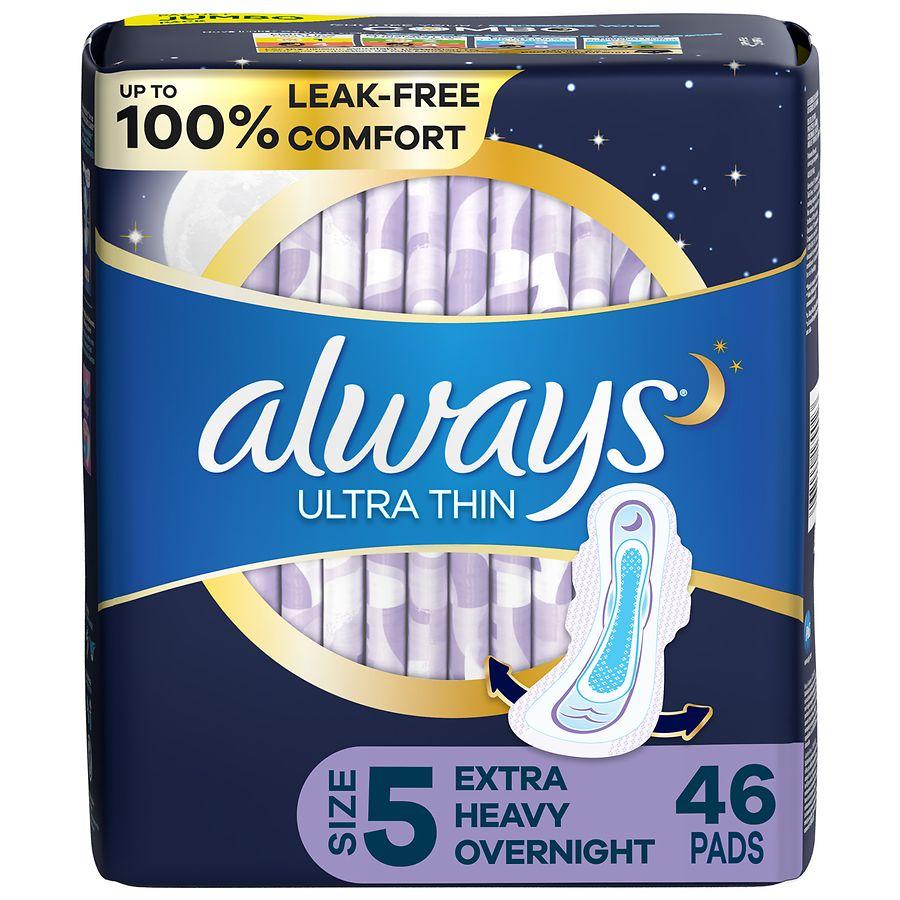 Always Ultra Thin Overnight Pads with Flexi-Wings, Extra Heavy Overnight Unscented, Size 5