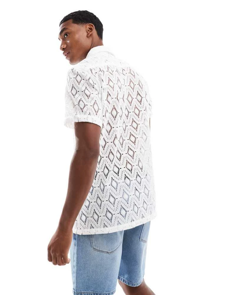 Brave Soul Brave Soul Geometric crochet short sleeve shirt in white 3