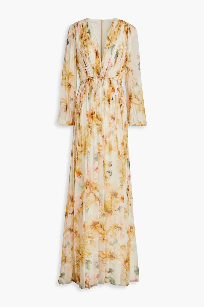 COSTARELLOS Pleated floral-print crepon gown 1