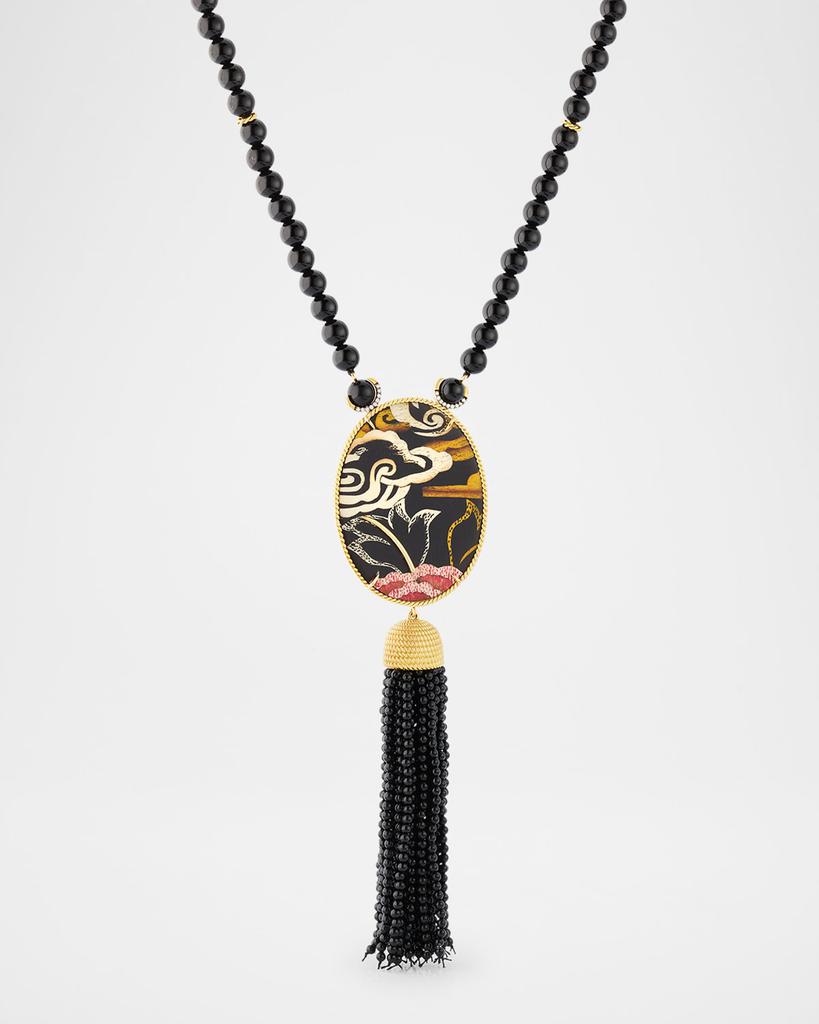 Silvia Furmanovich Tibetan Rose Oval Marquetry Lariat Necklace with Diamonds and Onyx