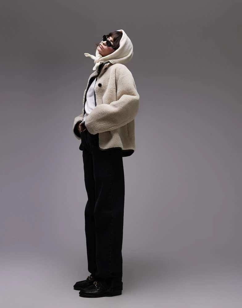Mango Mango funnel neck shearling jacket in beige 2