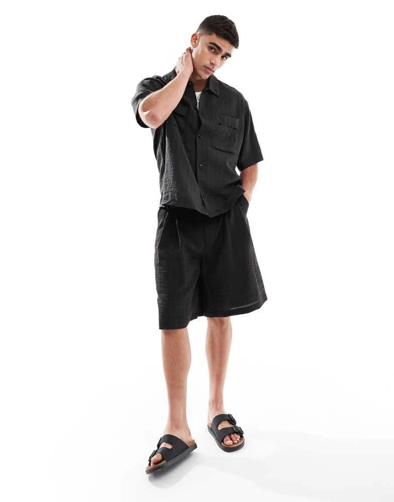 Pull&Bear Pull&Bear seersucker short sleeve shirt co-ord in black 4