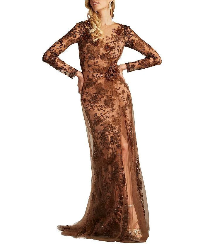 chinese dress ladies Tadashi Shoji Women's Jovie Sequin Embroidered Illusion Gown - Gray - Size 8 main image 1