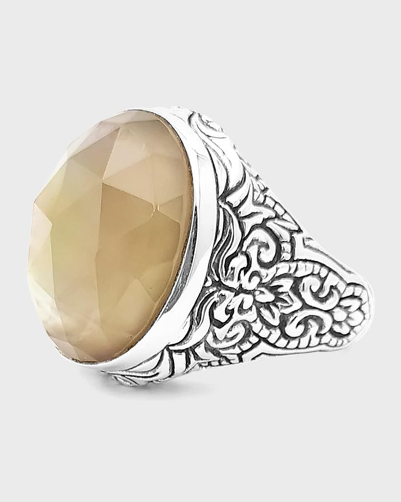 Stephen Dweck Faceted Smoky Quartz and White Mother-of-Pearl Dome Ring in Engraved Sterling Silver