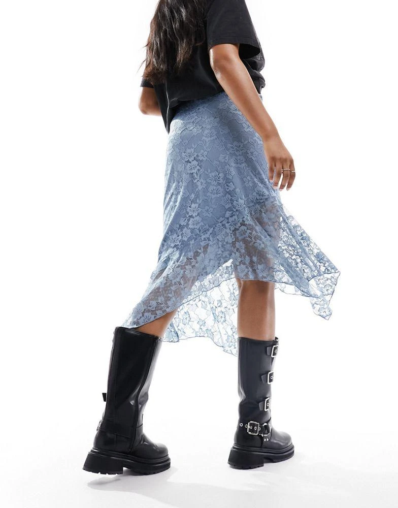 Monki Monki midi knee length lace asymmetric skirt with lining in navy 2