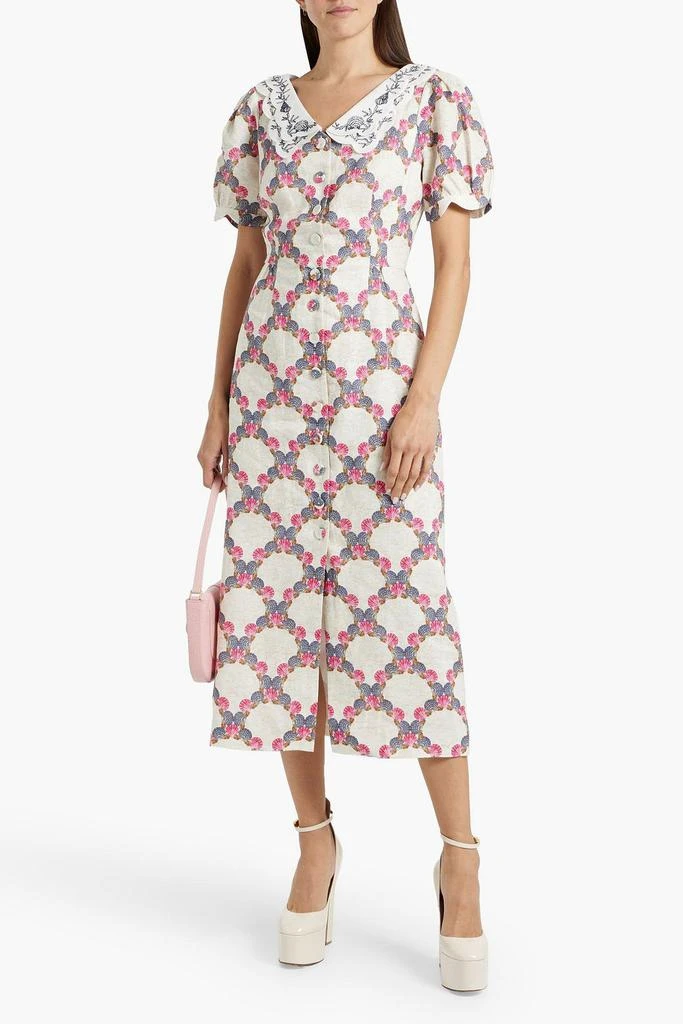 Saloni Blanca embroidered printed linen midi dress 2