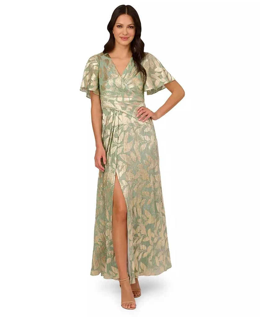 Adrianna Papell Women's Foil Leaf Flutter-Sleeve Draped Gown 1